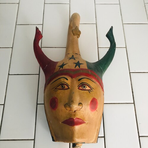 Antique shops folk art Jester's wooden hand made head collectible display farmhouse oddities curiosities unique home decor