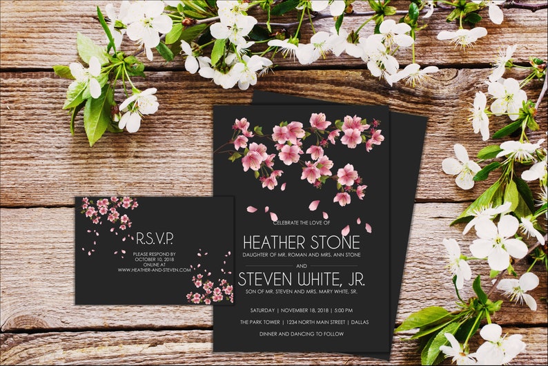 Invitation Suite Charcoal and Cherry Blossom Qty 25