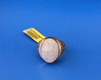 Natural Rainbow White Moonstone Cabochon Silver Engraved Band Ring