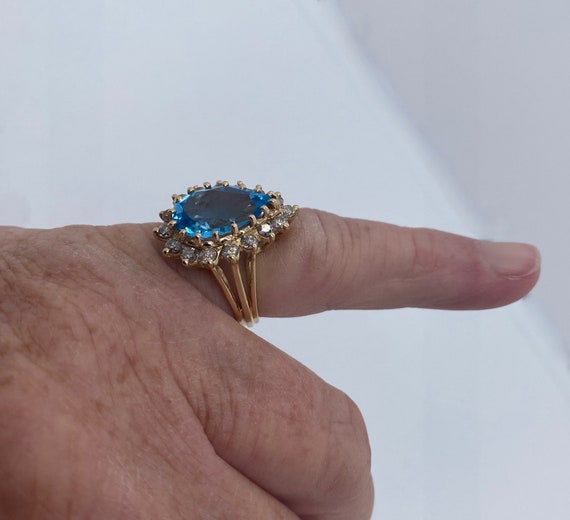 14K Yellow Gold Swiss Blue Topaz and Diamond Ring - image 7