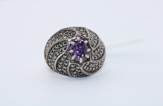 Amethyst and Marcasite Silver Vintage Ring - image 1