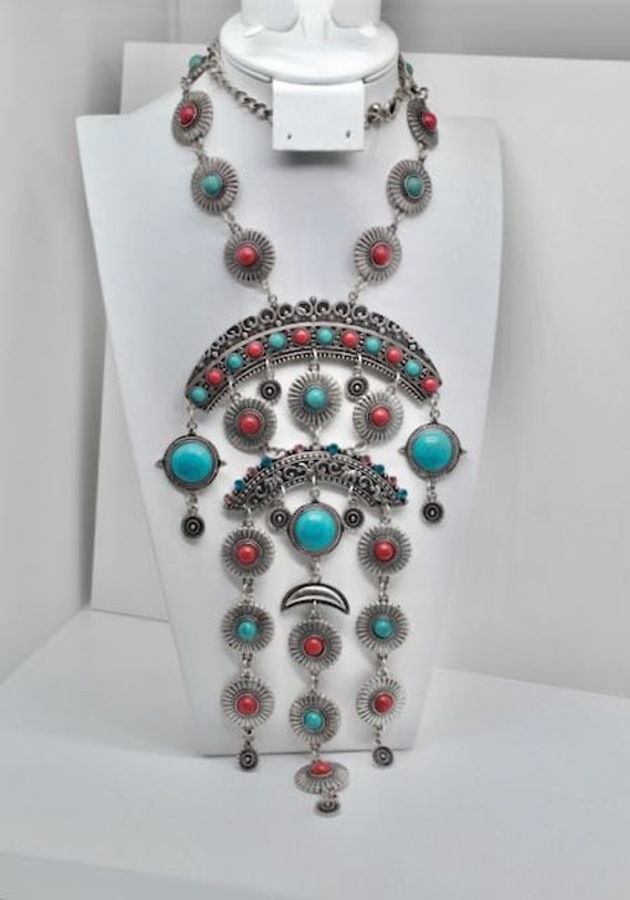 Native Faux Turquoise and Red Beads On Silver Tone