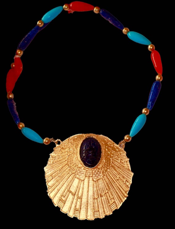 Vintage Dark Blue Scarab Pendant Necklace - image 1