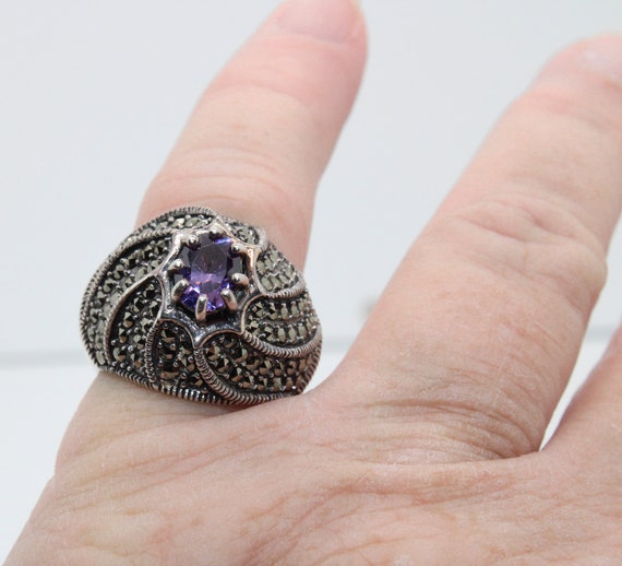 Amethyst and Marcasite Silver Vintage Ring - image 3