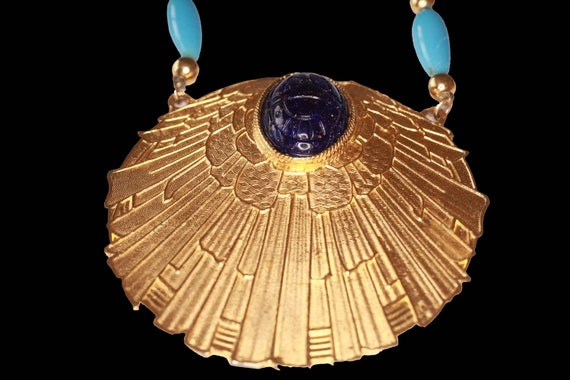 Vintage Dark Blue Scarab Pendant Necklace - image 3