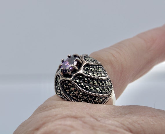 Amethyst and Marcasite Silver Vintage Ring - image 2