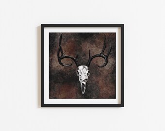 Stag Skull Illustration Digital Print by Savage Pieces, 20cm x 20cm.