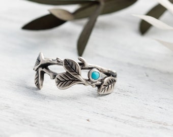 Sterling Silver Turquoise Branch Ring • Genuine Turquoise Ring • Turquoise Floral Ring • Leaf Jewelry • Botanical Ring • Vine Ring For Women