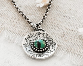 Sterling Silver Turquoise Mandala Necklace: Handmade Boho Pendant