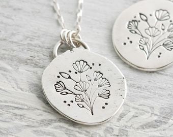 Hand Stamped Wild Flowers Necklace •  Art Nouveau Flower Bouquet Necklace  • Birthday Gift for Best Friend • Flora Necklace • Botanical Gift