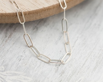 Sterling Silver Paper Clip Chain Necklace, Women's Casual Jewelry, Everyday Accessories, Customizable Length