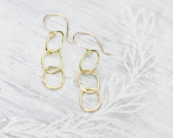 18K Solid Gold Hoop Earrings, Classic Gold Earrings, Hammered Gold Hoops, Yellow Gold Dangle Earrings