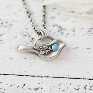 Sterling Silver and Turquoise Floral Bird Necklace • Bird Lover Gift • Nature Jewelry Woman • Small Bird Necklace • Bird Watcher Gift