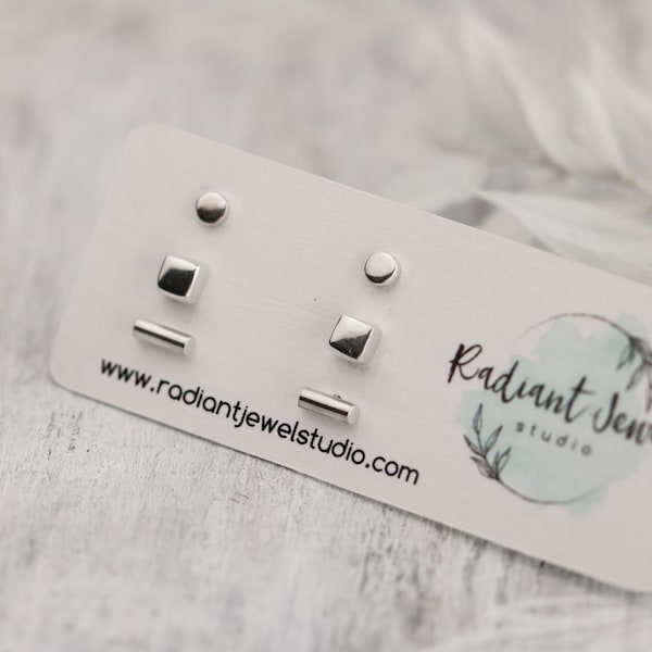 Minimalist Sterling Silver Stud Set: Tiny Dot, Bar & Square Earrings