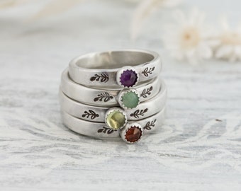 Sterling Silver Gemstone Ring For Women • Amethyst Garnet Peridot • Birthstone Ring, Floral Ring , Botanical Ring, Vine Ring • Chrysoprase