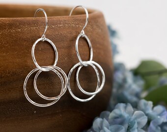 Sterling Silver Hoop Earrings • Everyday Jewelry • Hammered Silver Hoops • Triple Hoops • Boho Jewelry • Silver Hoops • Simple Hoops