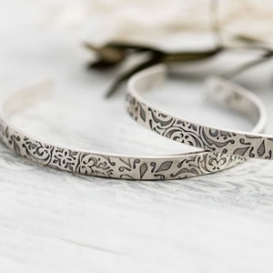 Sterling Silver Floral Damask Embossed Cuff Bracelet, 6" Adjustable - Gift For Her - Botanical Jewelry