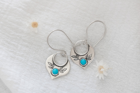 Pair of Brass Lotus Flower Earrings with Turquoise Centre Pair of Brass Lotus Flower Earrings with Turquoise Centre