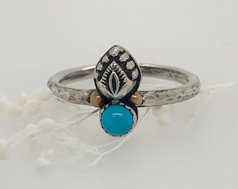 Sterling Silver 14k Gold Turquoise Ring, Solid Gold Accents, Boho Ring, Sleeping Beauty Turquoise