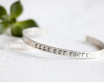 ELLE EST FORTE, She is Strong, Proverbs 31, Hand Stamped Silver Cuff Bracelet, Religious Jewelry, Christian Jewelry, Bible Verse, Strength