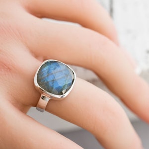 Sterling Silver Large Checkerboard Faceted Cushion Cut Labradorite Ring Sterling Silver Large Checkerboard Faceted Cushion Cut Labradorite Ring