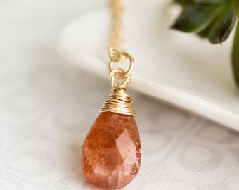 Gold Sunstone Necklace, Faceted Sunstone Pendant, Gold Filled Wire Wrapped, Sunstone Jewelry, Jewelry, 14K Yellow Gold Filled