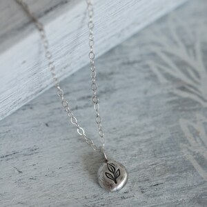Puede incluir: Un collar de cadena de plata con un peque&ntilde;o colgante redondo con un dise&ntilde;o de hoja.