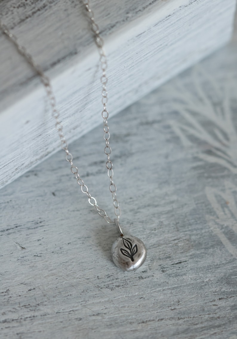 Puede incluir: Un collar de cadena de plata con un peque&ntilde;o colgante redondo con un dise&ntilde;o de hoja.