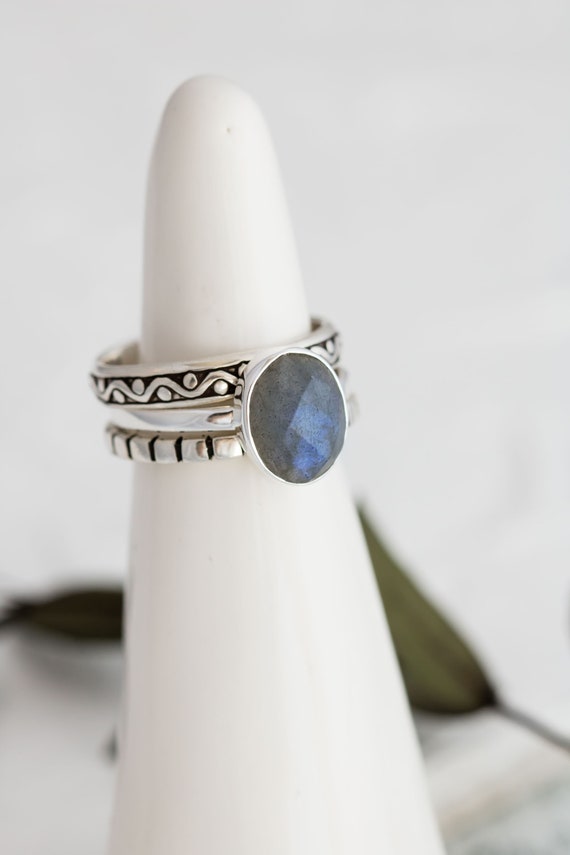 Sterling Silver Labradorite Stacking Ring Set • Blue Flash Sterling Silver Ring • Boho Statement Rings • Opalescent Ring