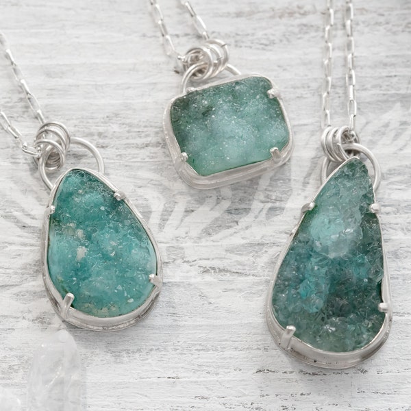 Gem Silica Chrysocolla Druzy Necklace - OOAK - One of a Kind Necklace - Sterling Silver Druzy -  Turquoise Blue Druzy - Rare Chrysocolla