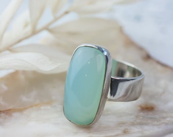 Sterling Silver Sea green Aqua Chalcedony Stacking Ring • Aqua Chalci Sterling Silver Ring • Boho Statement Ring