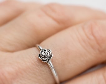 Sterling Silver Rose Ring, Dainty Rose Ring, 3D Rose Ring, Valentines Day Gift, Floral Ring, Botanical Jewelry, Romantic Gifts For Wife