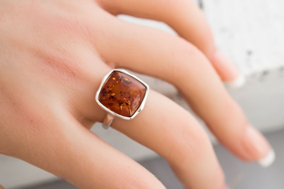 Baltic Amber Ring • Sterling Silver Ring • Genuine Baltic Amber • Large Statement Ring • Amber Wedding Ring • Chunky Amber Ring