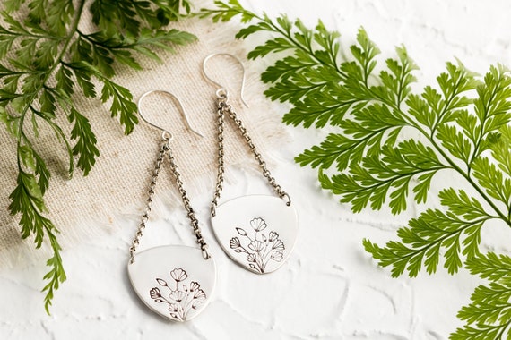 Sterling Silver Floral Dangle Earrings ∙ Artisan Made Earrings ∙ Botanical Inspired Jewelry ∙ Floral Chain Earrings • Art Nouveau Inspired