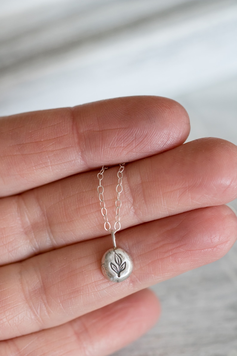 Puede incluir: Un collar de plata con un peque&ntilde;o colgante redondo con un dise&ntilde;o de hoja.