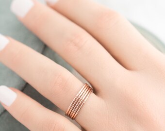 Rose Gold Sparkle Stacking Rings -Diamond-Textured Set (0.80mm Thin) - Custom Stackable Jewelry Gift