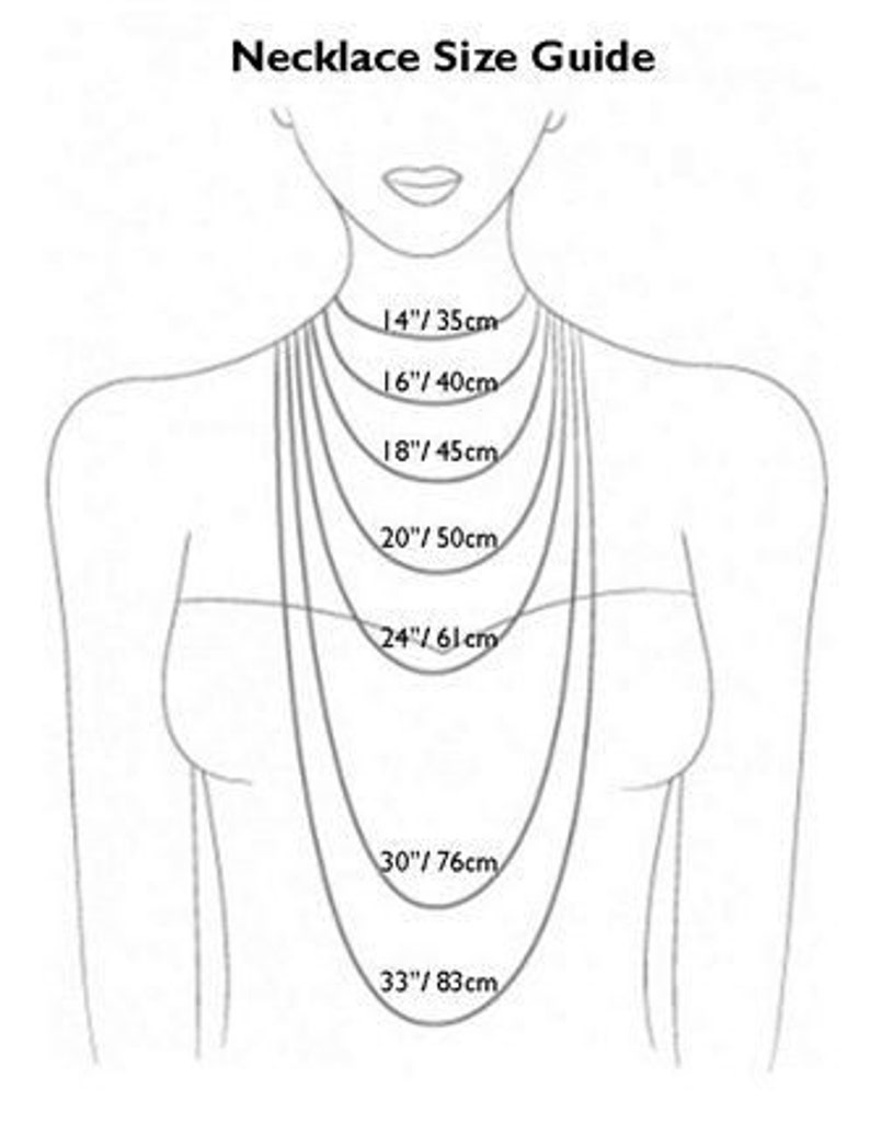 Puede incluir: Una gu&iacute;a de tallas para collares, que muestra diferentes longitudes de 14 pulgadas a 33 pulgadas. Cada longitud est&aacute; etiquetada en pulgadas y cent&iacute;metros.