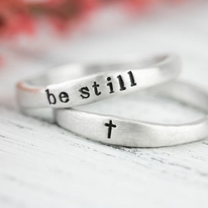 Sterling Silver Cross Ring For Women, Sterling Silver Stackable Christian Be Still Ring
