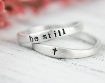 Sterling Silver Cross Ring For Women, Sterling Silver Stackable Christian Be Still Ring