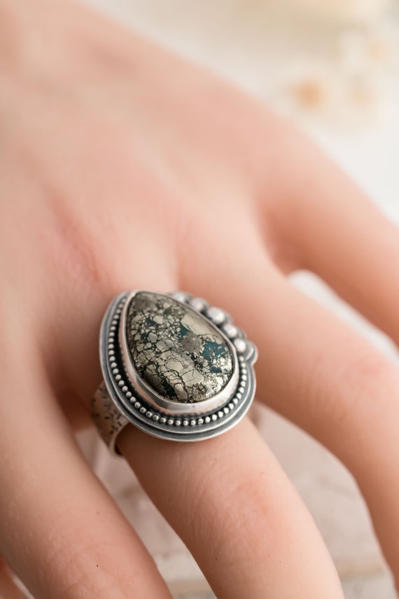 Sterling Silver and Morenci 2 Turquoise with Pyrite Ring Size 7.5 • Statement Ring • One of a Kind Rings for Women • Chunky Rings • Artisan