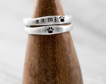 Sterling Silver Pet Memorial Ring, Paw Print Jewelry, Personalized Pet Loss Ring