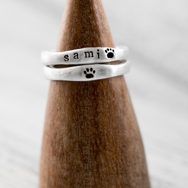 Sterling Silver Pet Memorial Ring, Paw Print Jewelry, Personalized Pet Loss Ring