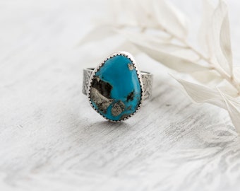 Chunky Sterling Silver and Turquoise Ring • Campitos Turquoise with Pyrite • Artisan Ring