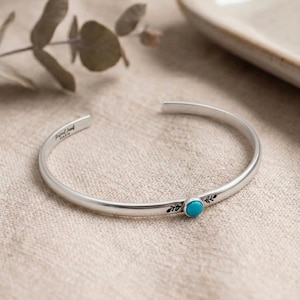 Sterling Silver Turquoise Cuff Bracelet, Hand Stamped Floral Botanical Bangle