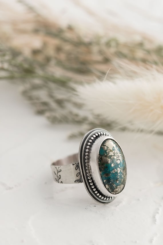 Sterling Silver and Morenci 2 Turquoise with Pyrite Ring Size 7.5 • Statement Ring • One of a Kind Rings for Women • Chunky Rings • Artisan