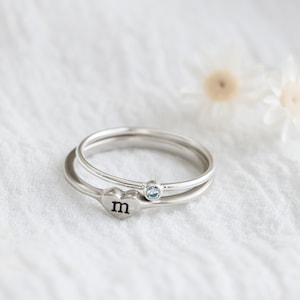 Sterling Silver Initial Ring For Women • Personalized Birthstone Ring Set • Gift For Mom • Ring For Girlfriend • Minimalist Custom Ring