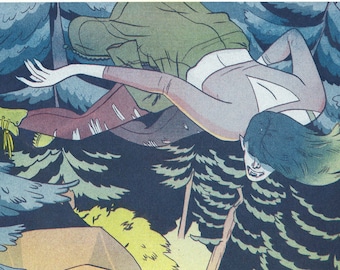 May include: A vintage illustration depicting a woman flying over a campsite. The woman is wearing a long, flowing dress and has long, dark hair. The campsite features a tent, a campfire, and three people seated around it. The illustration is drawn in a cartoon style with vibrant colours.