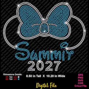 May include: A rhinestone transfer design featuring a large bow outlined in white with a blue interior, positioned above the text "Summy 2027" in blue rhinestones. The design measures 8.50 inches tall by 10.20 inches wide on a black background.