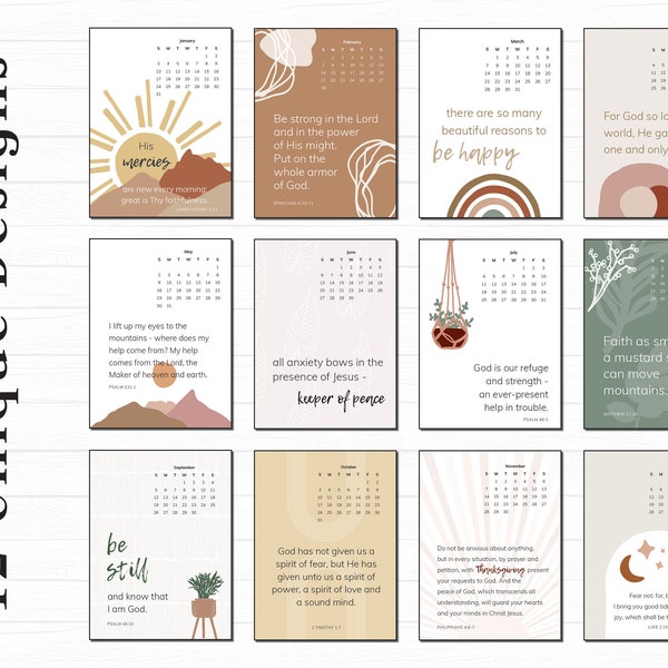 Boho Printable Calendar for 2024 with Bible Verses | 5x7 and Letter Size