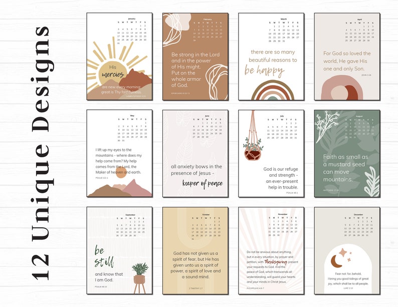 Boho Printable Calendar for 2024 with Bible Verses 5x7 and Letter Size image 1